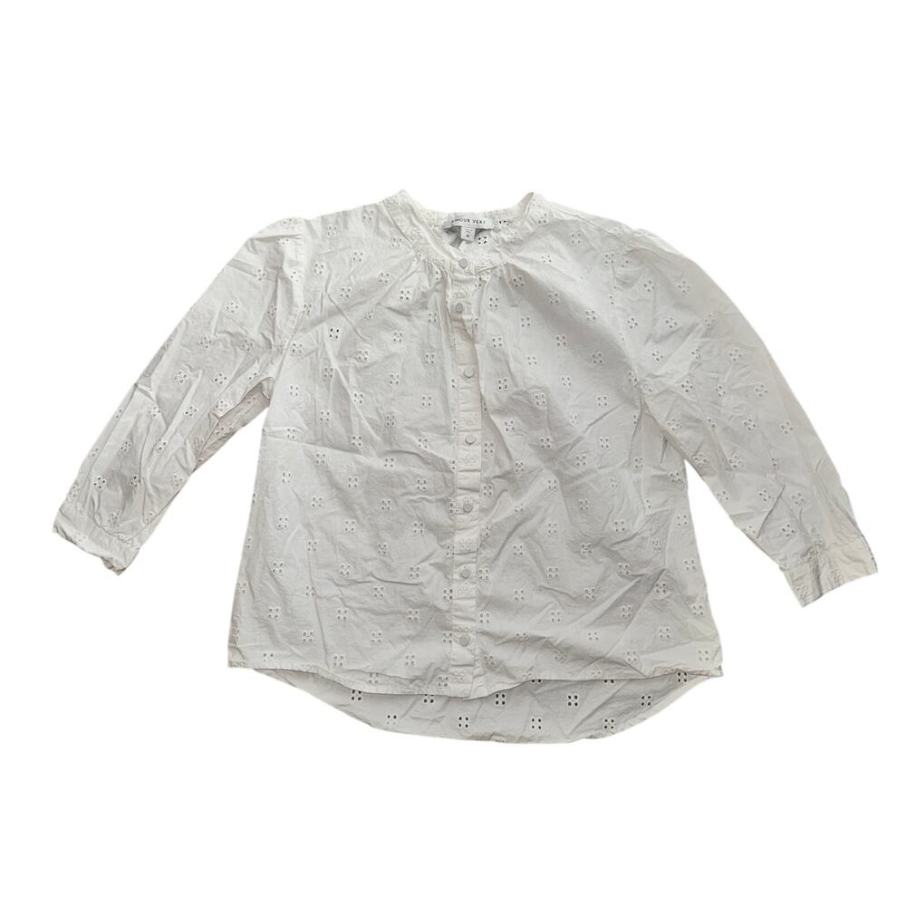 Amour Vert Charlotte Organic Cotton Eyelet Blouse Womens Sz M White Button Front